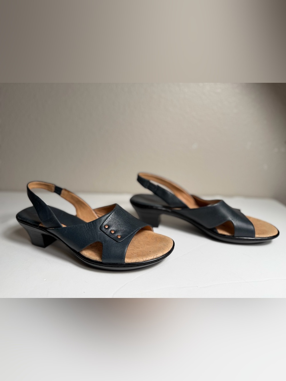 Sofft~Comfort~Navy~Leather~Peep Toe~Slingback~Block Heel~Pump~Sandal~Size 8.5 - Picture 4 of 14